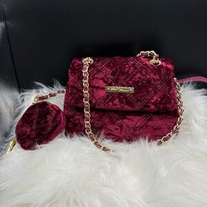 Betsey Johnson Velvet Quilted Shoulder/crossbody Bag - Deep Red